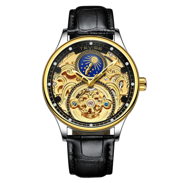 Pirogue Leather Automatic Moonphase Gold/Black Trim