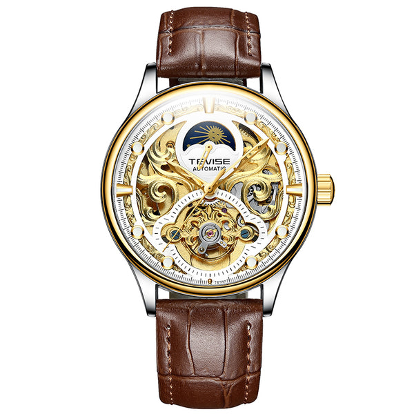 Pirogue II Leather Automatic Moonphase Silver/Gold/White Trim