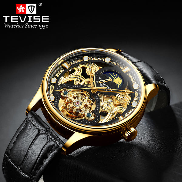 Pirogue II Leather Automatic Moonphase Gold/Black Trim
