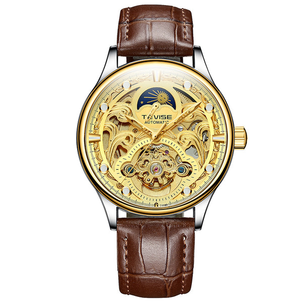 Pirogue II Leather Automatic Moonphase Silver/Gold/Gold Trim