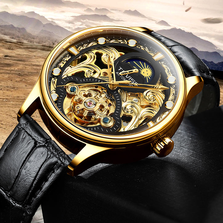 Pirogue II Leather Automatic Moonphase Gold/Black Trim